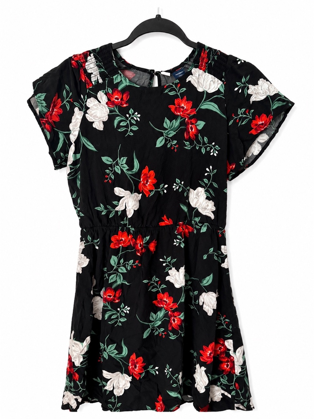 Old Navy Black Floral Mini Dress Womens Red White Short Sleeve Rayon Smocked M